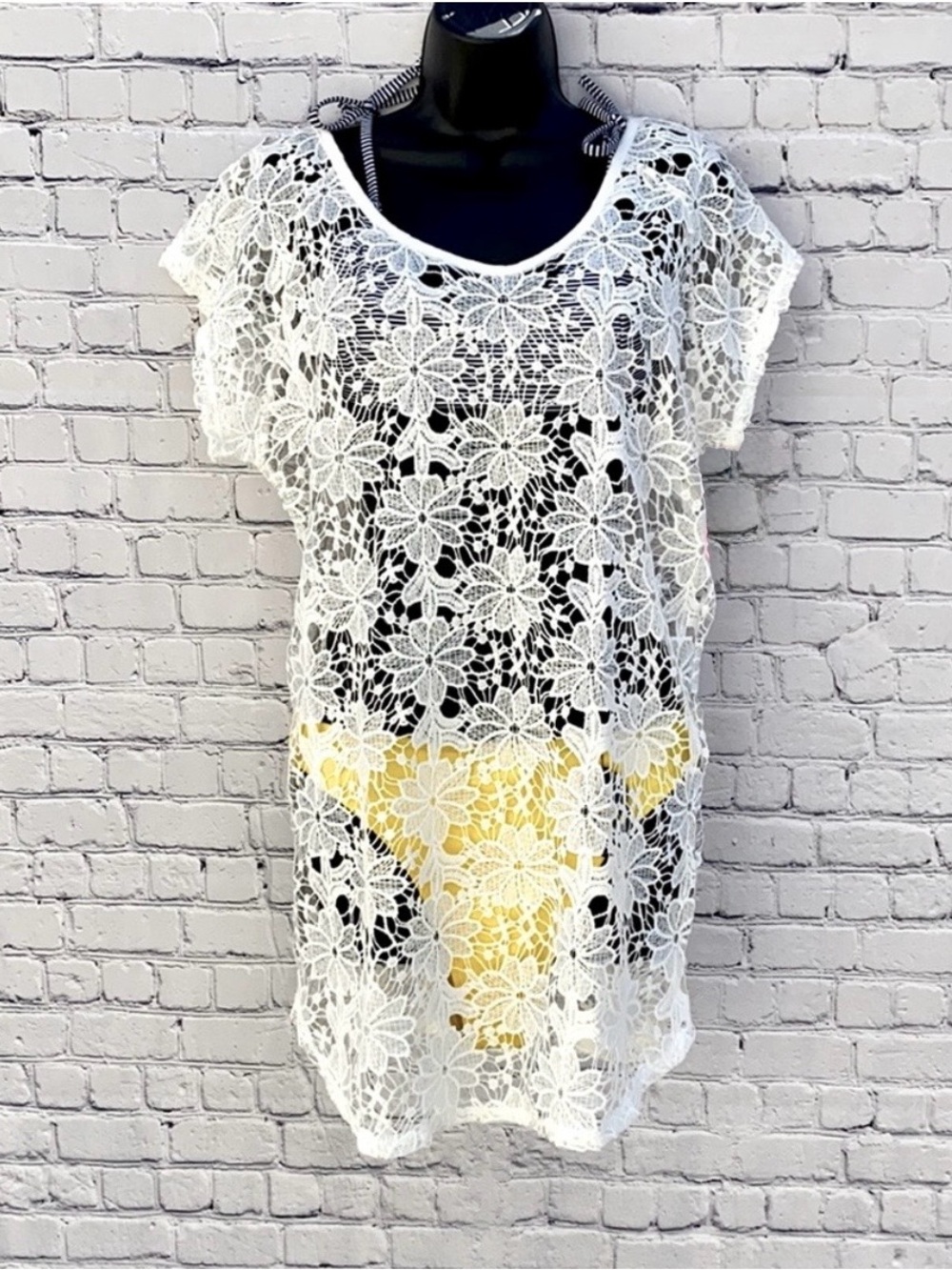 Xhilaration White Lace Swim Cover Up Tunic Tassel Back Size L Boho Beach NWOT